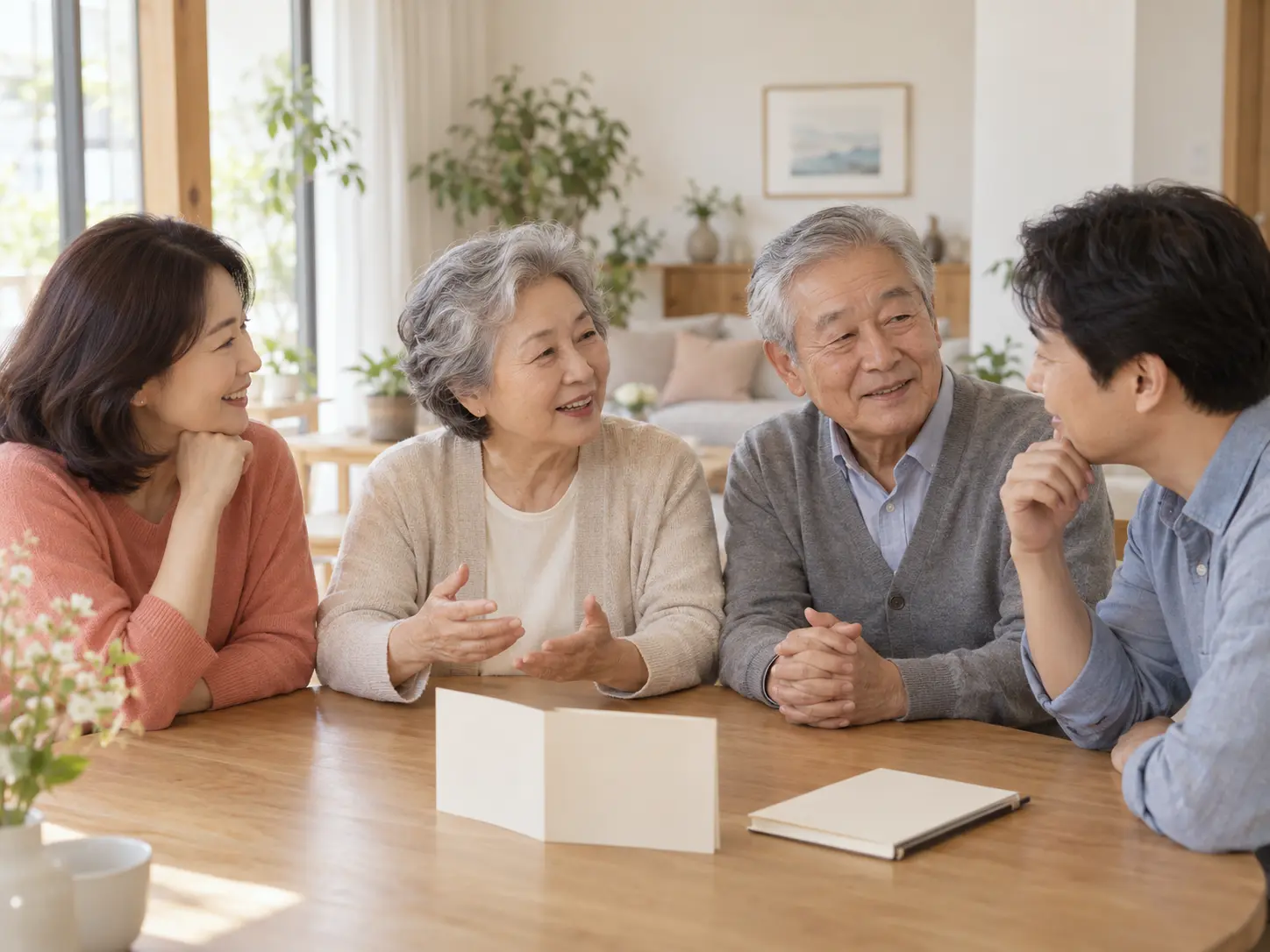 밝은 공간에서 건강한 노후를 함께 이야기하는 부모님과 자녀들